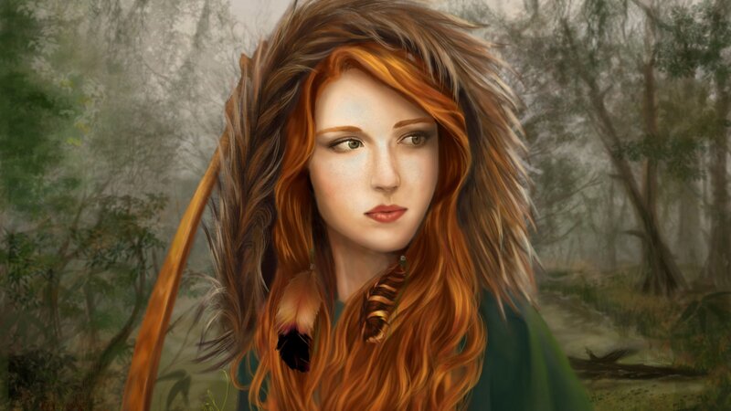 Woman with Red Hair — Serene, Digital Art, Forest, Feathers