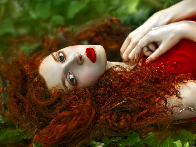 Woman with Red Hair — Serene, Digital Art, Green Leaves
