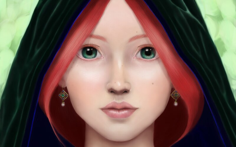 Woman with Red Hair — Serene, Digital Art, Hood