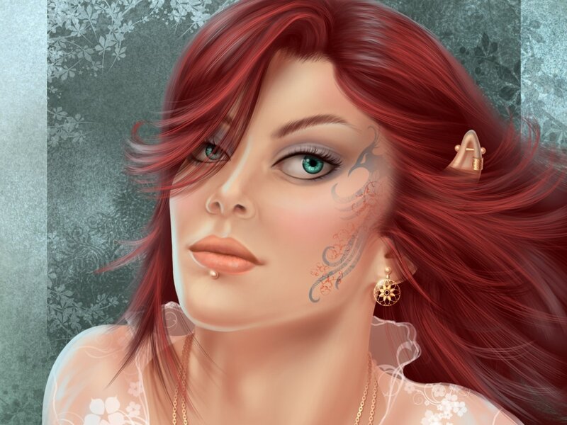 Woman with Red Hair — Serene, Digital Art, Tattoo