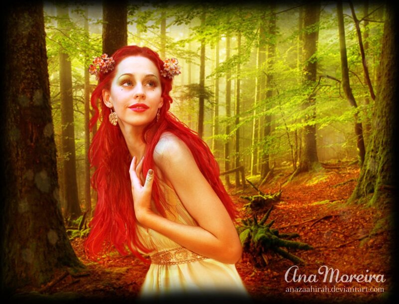 Woman with Red Hair — Serene, Morning, Digital Art, Forest
