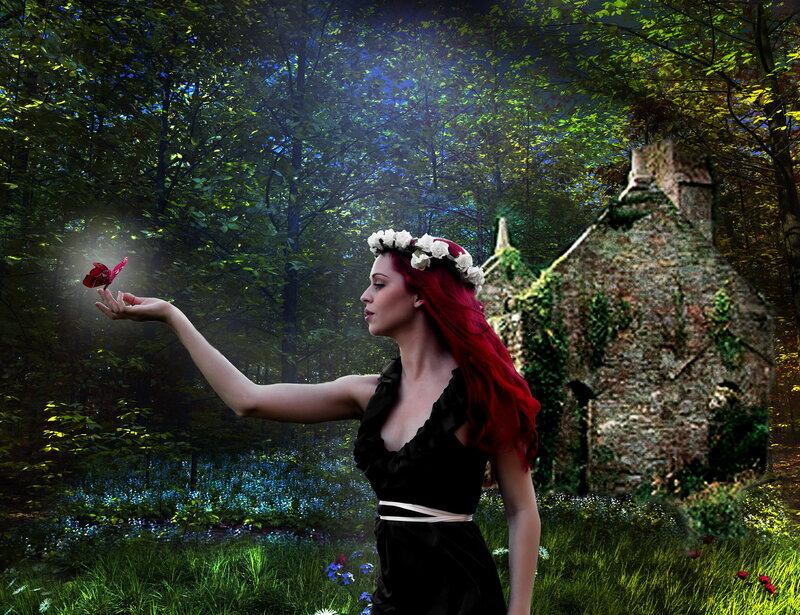 Woman with Red Hair — Serene, Night, Digital Art, Butterfly
