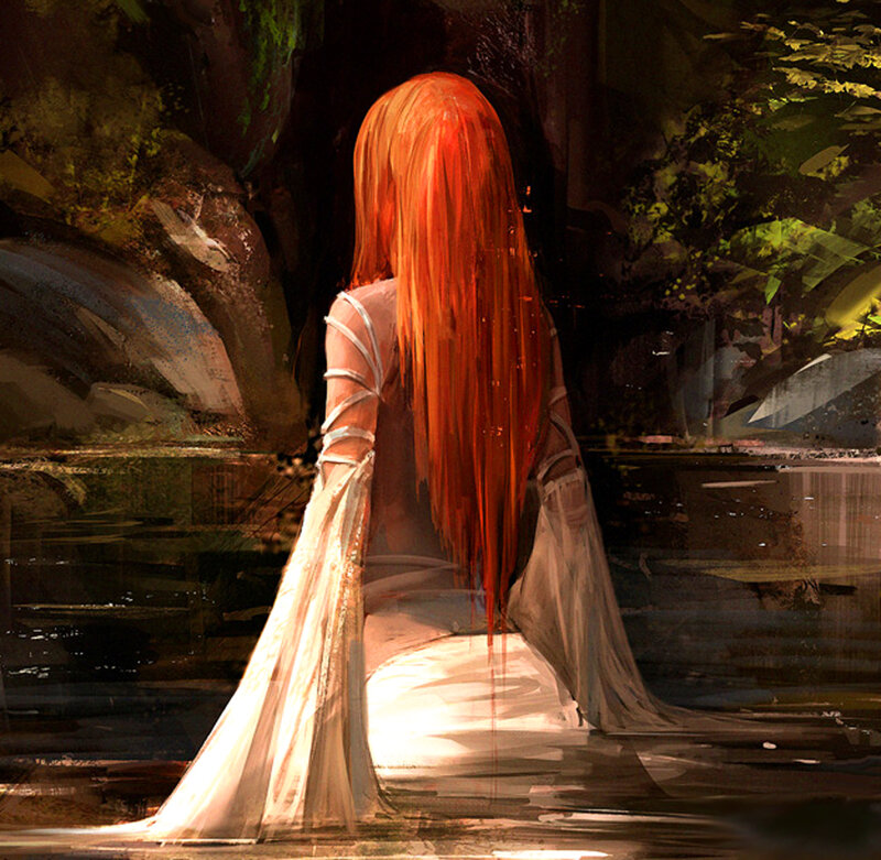 Woman with Red Hair — Serene, Night, Digital Art, Dress