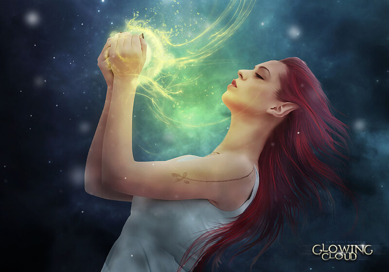 Woman with Red Hair — Serene, Night, Digital Art, Magic