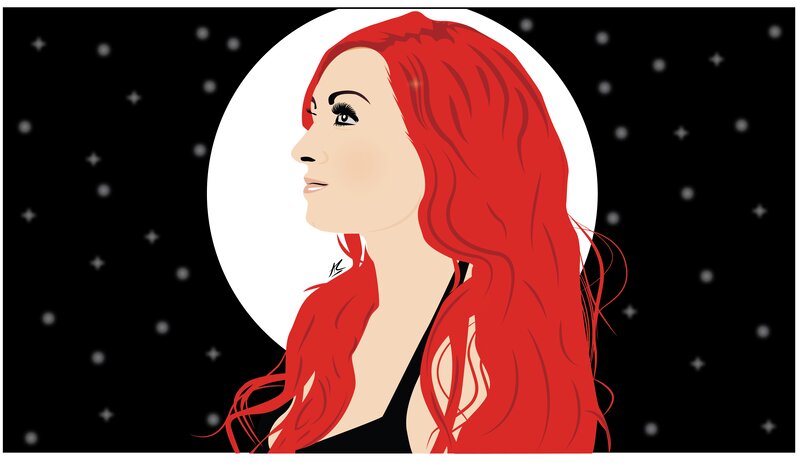 Woman with Red Hair — Serene, Night, Digital Art, Moon, Stars