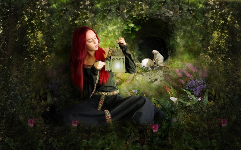 Woman with Red Hair — Serene, Night, Digital Art