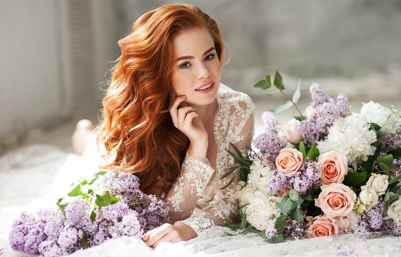 Woman with Red Hair — Serene, Photograph, Flowers, Lace Dress