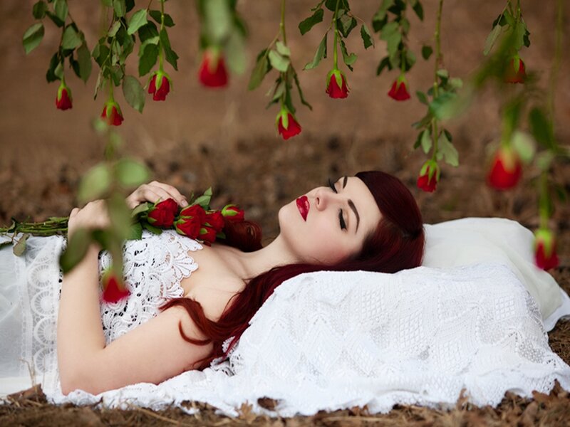 Woman with Red Hair — Serene, Photograph, Roses