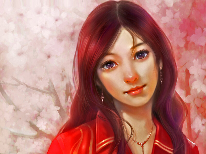 Woman with Red Hair — Serene, Spring, Digital Art, Cherry Blossoms