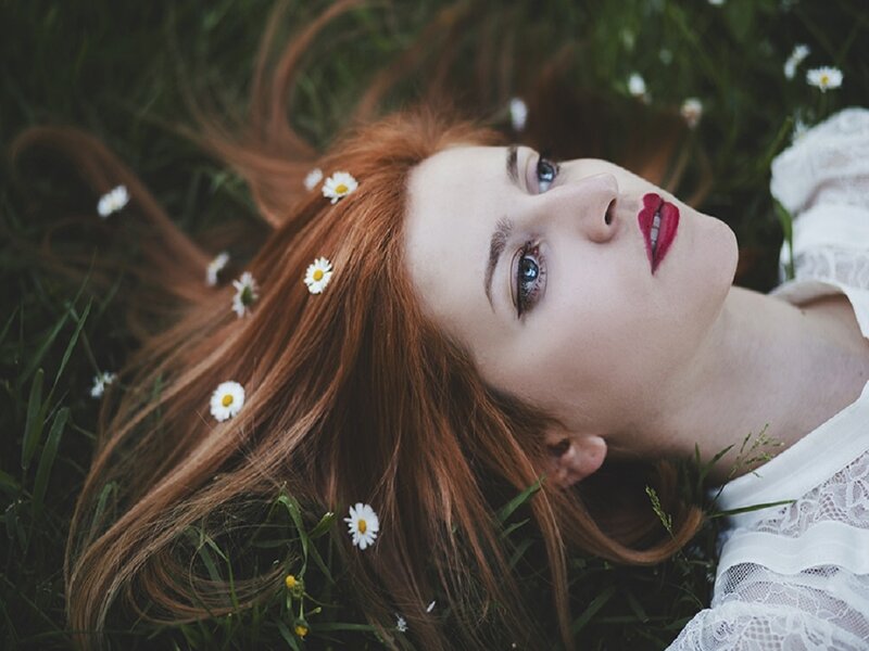 Woman with Red Hair — Serene, Spring, Photograph, Daisies