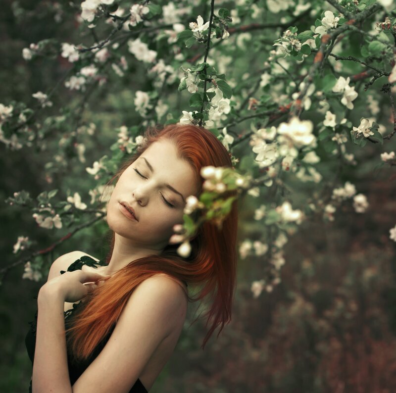 Woman with Red Hair — Serene, Spring, Photograph, Flowering Tree