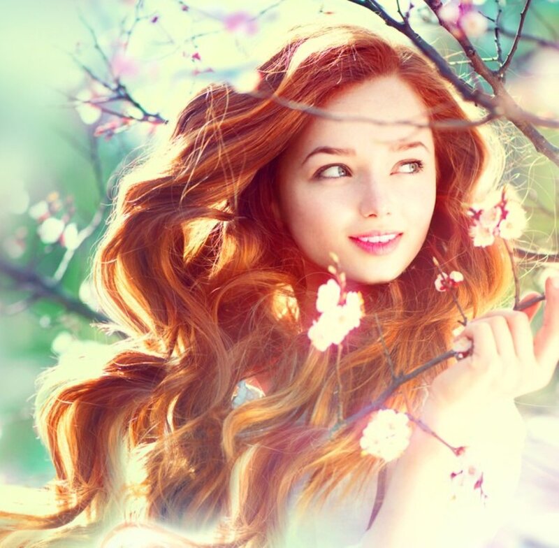 Woman with Red Hair — Serene, Spring, Photograph, Flowers, Branches