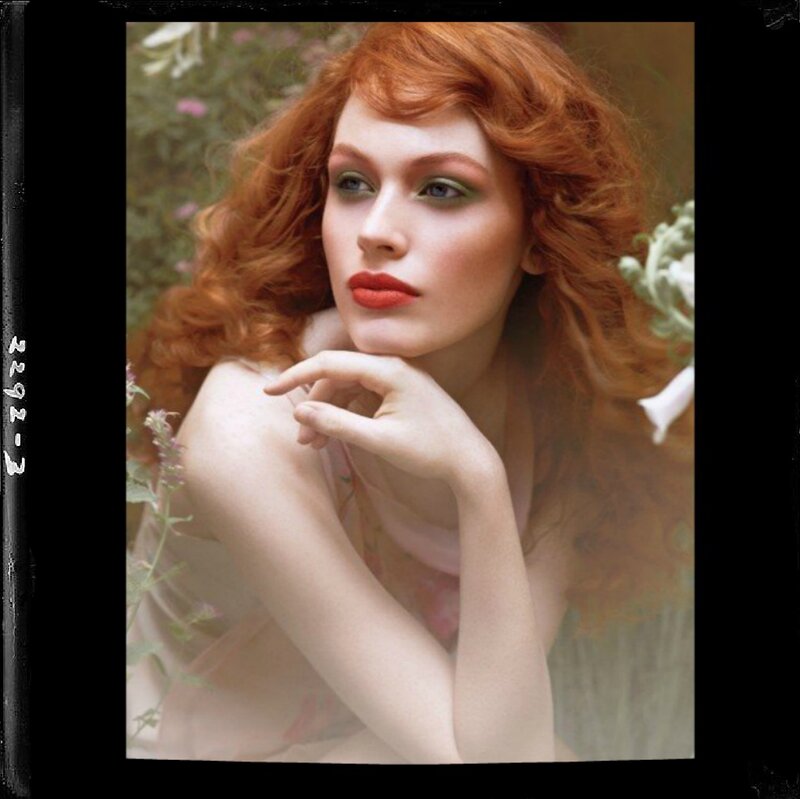Woman with Red Hair — Serene, Spring, Photograph, Flowers, Greenery, Hand