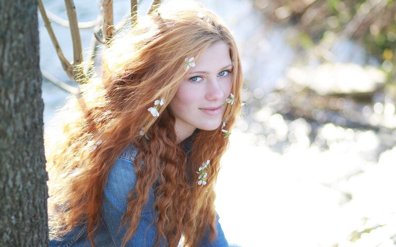 Woman with Red Hair — Serene, Spring, Photograph, Flowers, Tree
