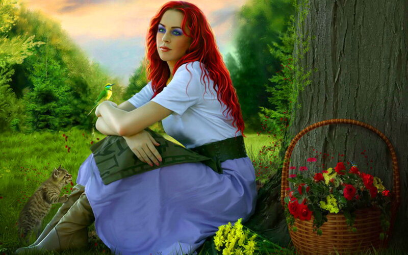 Woman with Red Hair — Serene, Sunset, Digital Art, Bird