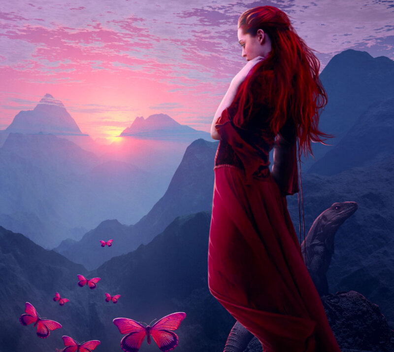 Woman with Red Hair — Serene, Sunset, Digital Art, Butterflies, Lizard