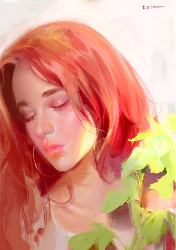 Woman with Red Hair — Serene, Sunset, Digital Art, Leaves