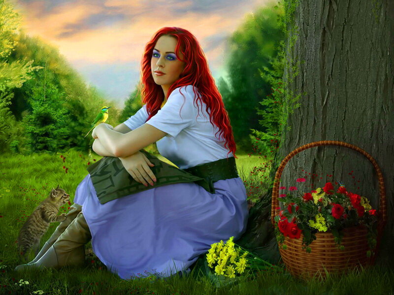Woman with Red Hair — Serene, Sunset, Digital Art