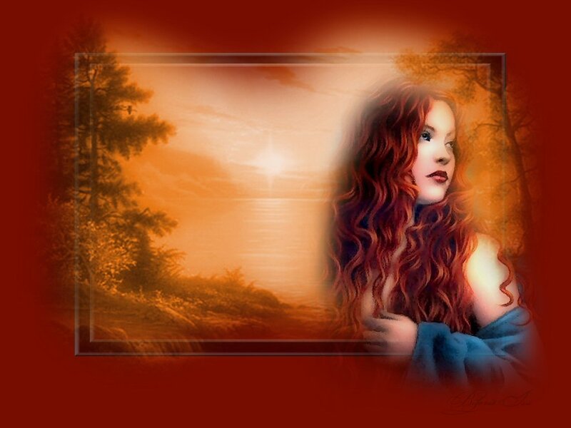 Woman with Red Hair — Serene, Sunset, Digital Art, Trees