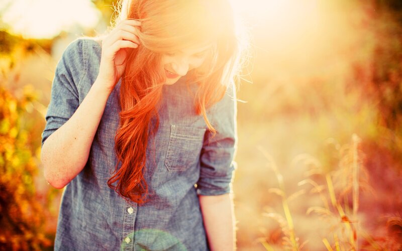 Woman with Red Hair — Serene, Sunset, Photograph, Denim Shirt
