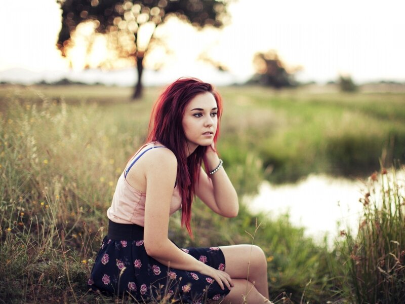 Woman with Red Hair — Serene, Sunset, Photograph, Field, Tree