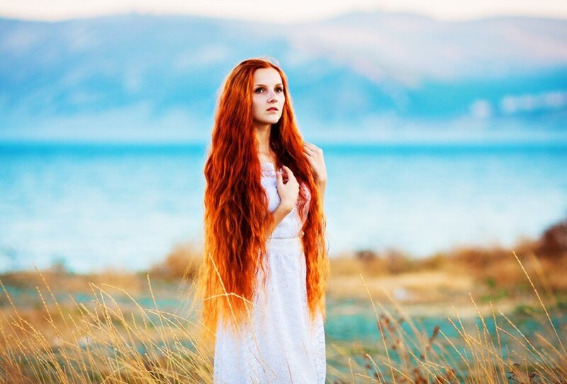 Woman with Red Hair — Serene, Sunset, Photograph, Grass