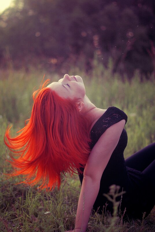 Woman with Red Hair — Serene, Sunset, Photograph, Grass, Trees