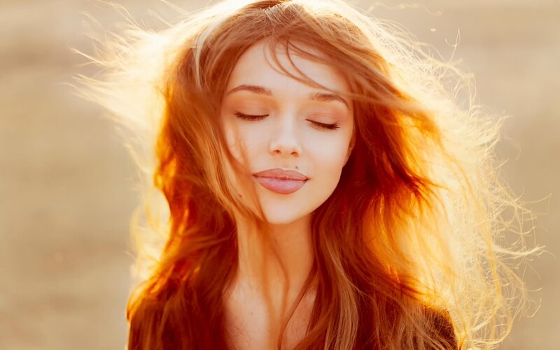 Woman with Red Hair — Serene, Sunset, Photograph, Sunlight