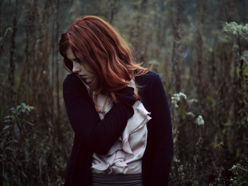 Woman with Red Hair — Somber, Photograph, Forest, Cardigan