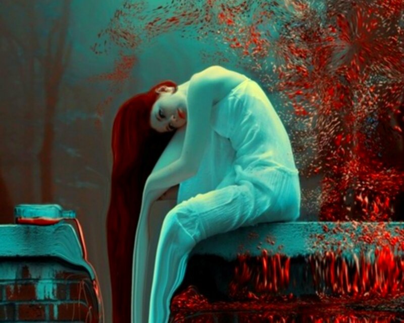 Woman with Red Hair — Teal, Dramatic, Digital Art