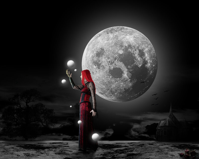 Woman with red hair under a full moon