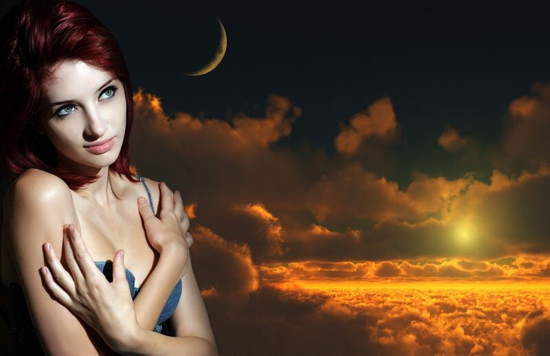woman with red hair under moon