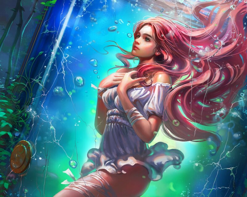 Woman with Red Hair Underwater — Blue, Serene, Digital Art