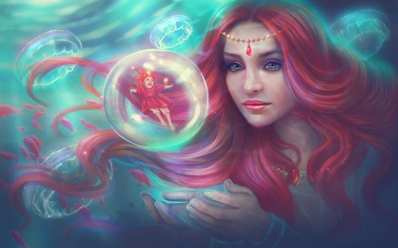 Woman with Red Hair Underwater — Serene, Digital Art