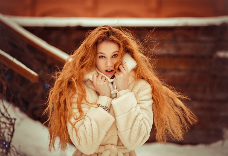 Woman with Red Hair — White, Cold, Winter, Photograph
