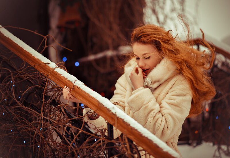 Woman with Red Hair — White, Cold, Winter