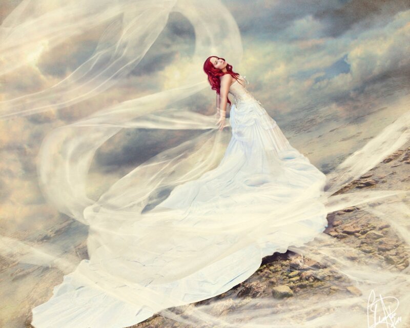 Woman with Red Hair — White, Dramatic, Digital Art, Dress
