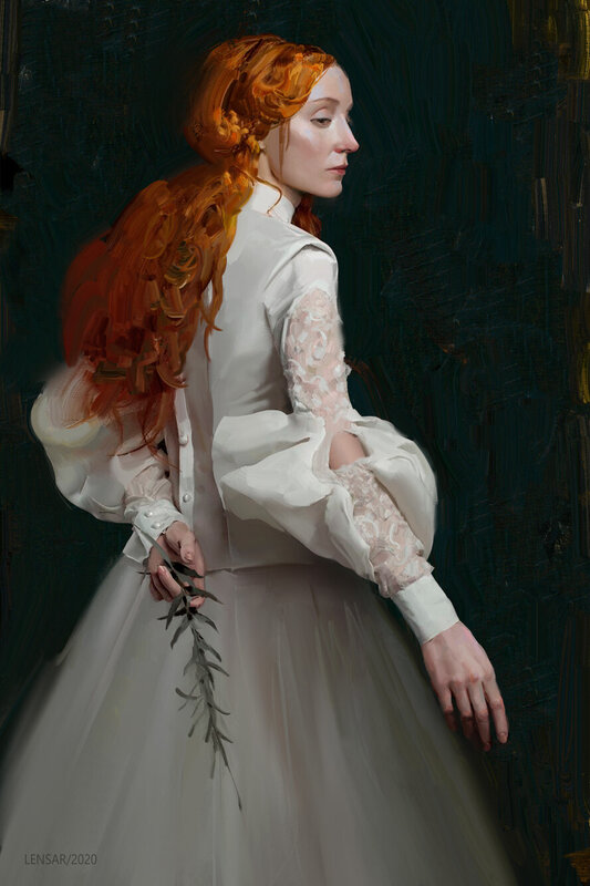 Woman with Red Hair — White, Dramatic, Digital Art, White Dress