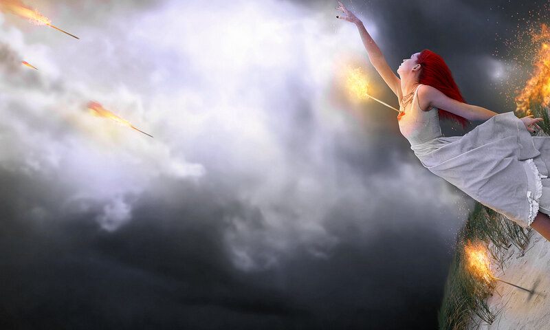 Woman with Red Hair — White, Dramatic, Night, Digital Art, Fireworks