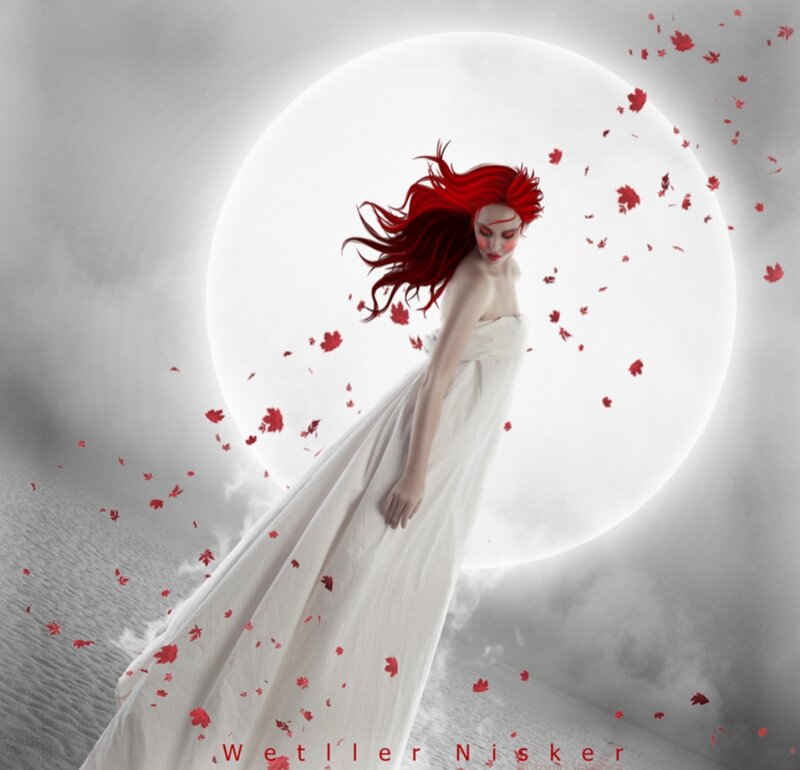 Woman with Red Hair — White, Dramatic, Night, Digital Art, Red Leaves
