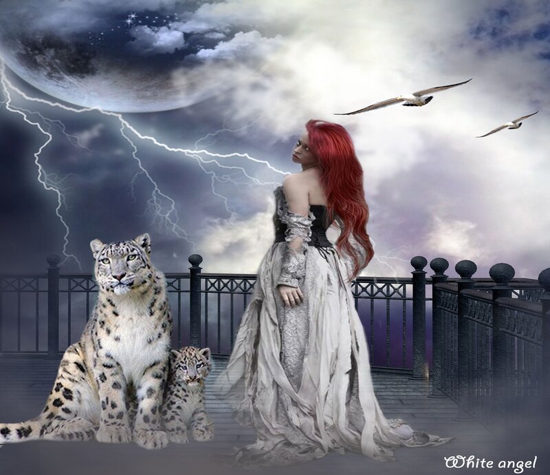 Woman with Red Hair — White, Dramatic, Night, Digital Art, Snow Leopard