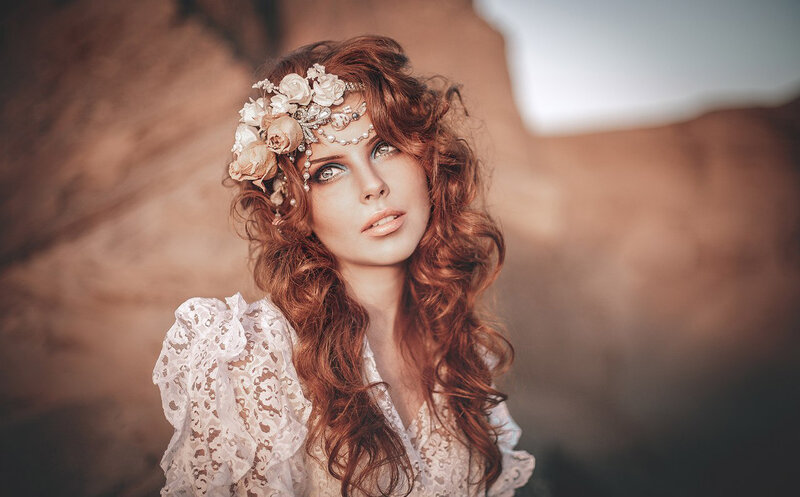 Woman with Red Hair — White, Dramatic, Photograph, Flower Crown