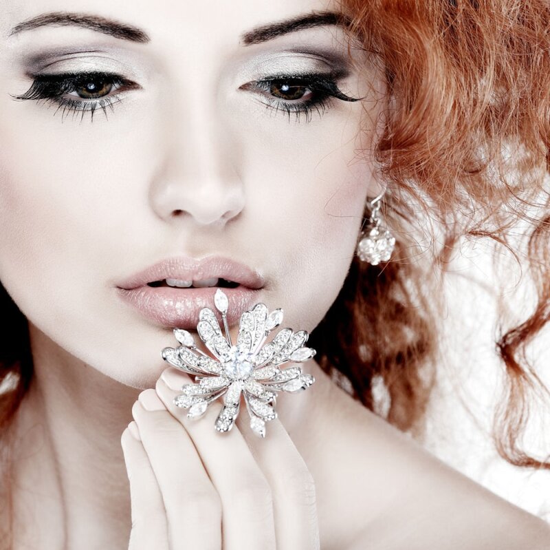 Woman with Red Hair — White, Dramatic, Photograph, Makeup, Brooch
