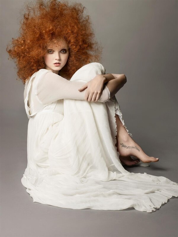 Woman with Red Hair — White, Dramatic, Photograph, Tattoo, White Dress
