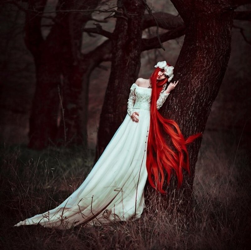 Woman with Red Hair — White, Dramatic, Photograph, Tree, Dress