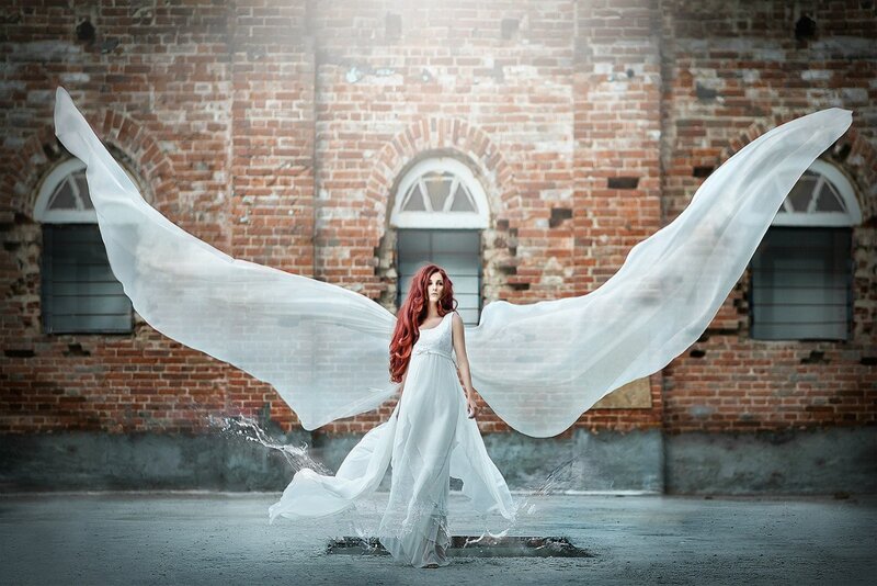 Woman with Red Hair — White, Dramatic, Photograph, Wings