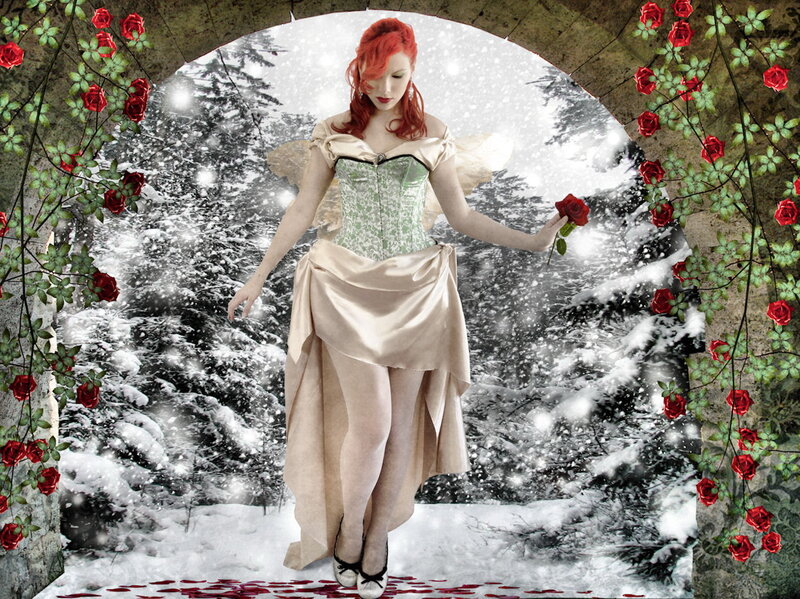 Woman with Red Hair — White, Dramatic, Winter, Digital Art, Red Roses