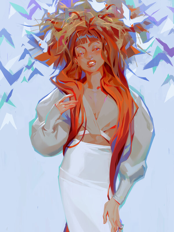 Woman with Red Hair — White, Dreamy, Digital Art, Birds