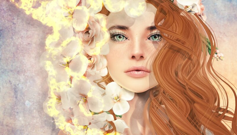 Woman with Red Hair — White, Ethereal, Digital Art, Flowers