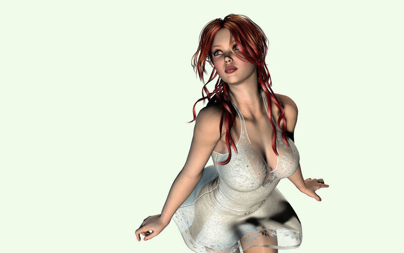Woman with Red Hair — White, Neutral, 3d Render, Dress, Green